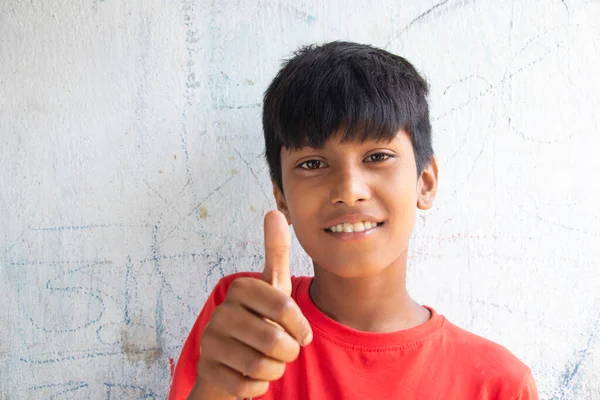 Portrait Rural Boy Gesturing Thumbs Sign — Stock Photo, Image