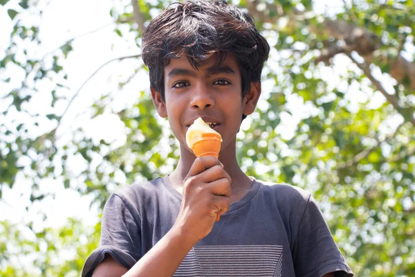 Portrait Young Rural Boy Having Ice Cream — Stock Photo, Image