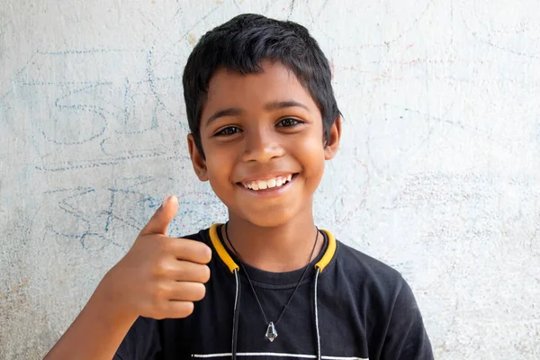 Portrait Rural Boy Gesturing Thumbs Sign 图库照片