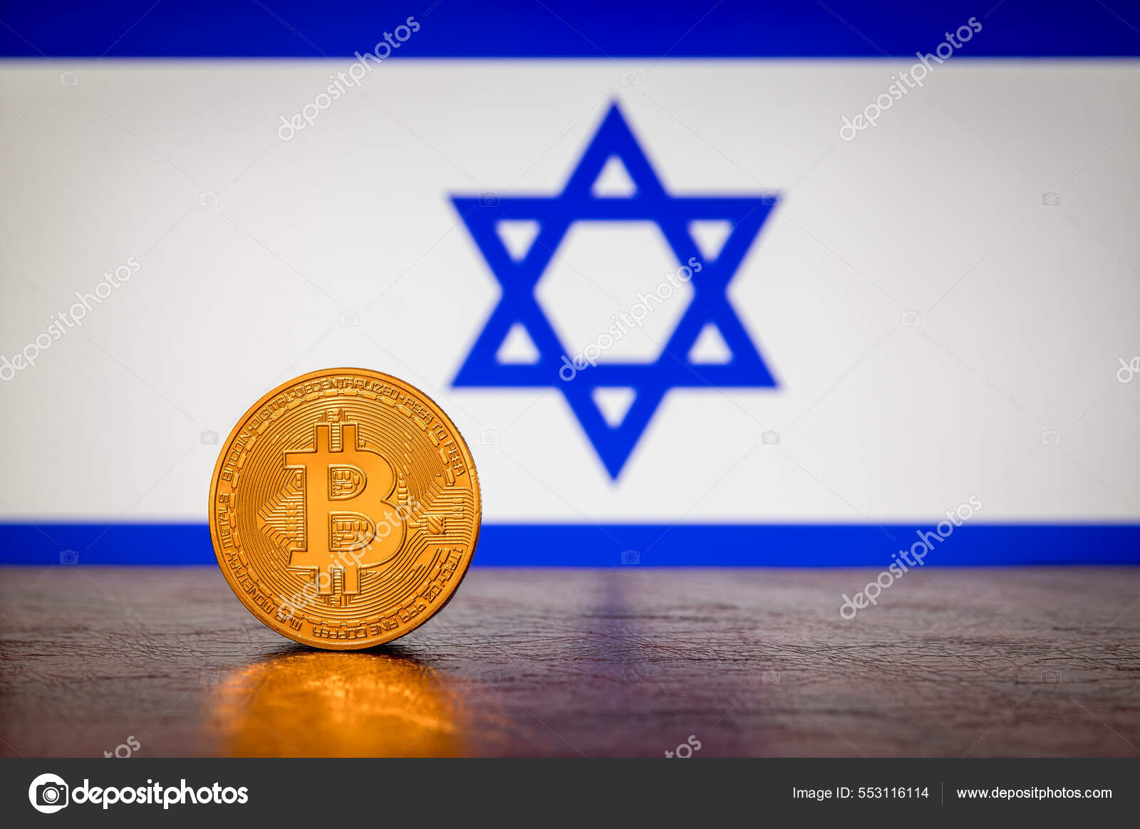 以以色列国旗为背景的金实物比特币—— 库存社论照片© plitwin #553116114