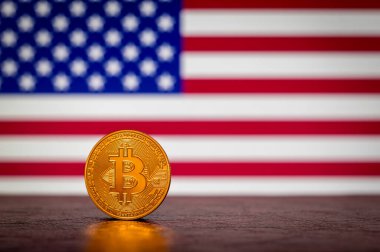 Arka planda Birleşik Devletler bayrağı olan Altın Fiziksel Bitcoin