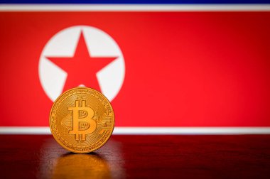 Arka planda Kuzey Kore bayrağı olan Altın Fiziksel Bitcoin