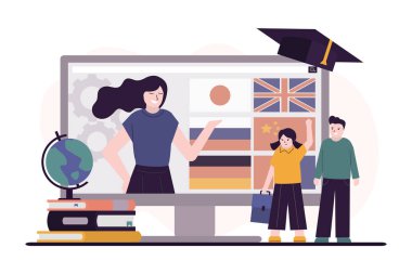 Bayan öğretmen öğrencilere bilgiyi açıklar. Çocuklar bilgisayarda webinar izliyor. Ekranda e-kitabı olan bir öğretmen. Çocuklar çevrimiçi eğitim alırlar. İnternet dersi ve e-öğrenme. Düz vektör illüstrasyonu