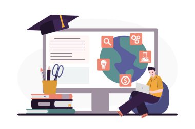 İnternette okuyan erkek öğrenci. Küresel dünyada eğitim ve e-öğrenim. Dünya gezegeniyle bilgisayar monitörü. Çeşitli ikonlar, kitaplar ve mezuniyet şapkaları. İnternet uzaktan eğitim. Vektör illüstrasyonu