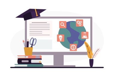 Küresel dünyada çevrimiçi eğitim ve e-öğrenme kavramı. Dünya gezegeniyle bilgisayar monitörü. Çeşitli eğitim ikonları, kitaplar ve mezuniyet şapkaları. İnternet uzaktan eğitim. Düz vektör illüstrasyonu