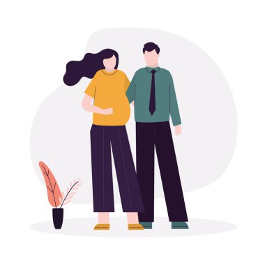 Bebek bekleyen genç bir kadın. Mutlu annelikler. Kocasına hamile bir eş. Çocuğunu bekleyen mutlu ebeveynler. Çizgi film anne ve babası beyaz arka planda izole edilmiş. Düz vektör illüstrasyonu