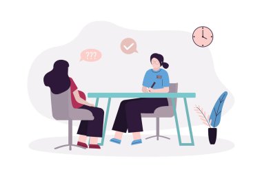 Muayene için doktordaki kadın. Mutlu annelikler. Kadın hemşire randevusunda hamile bir eş. Anne bebeği bekliyor. Bayan, çocuğu bekle. Doğum öncesi kontroller kavramı. Vektör illüstrasyonu