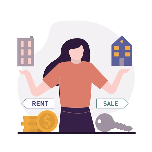 Sale Rent Woman Offers Choice Buy Property Apartment People Renting — Stock Vector