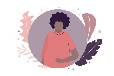 Afrika kökenli Amerikalı bir kadın bebek bekliyor. Hamilelik ve annelik. Çiçekli hamile kadın çizgi filmi. Çocuğu bekleyen siyah bir kız. Anne doğal arka planda, yapraklarla. Düz vektör illüstrasyonu