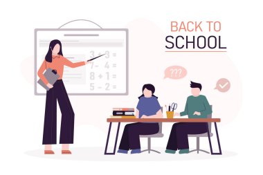 Okula dönelim. Sınıf öğrencilerine matematik örneğini karatahtanın önünde açıklayan öğretmen. Sınıfta matematik öğretme ve öğrenme kavramı. Eğitim ve bilgi. Düz vektör illüstrasyonu