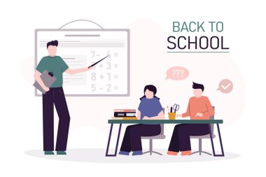Okula dönelim. Tahtanın önündeki erkek öğretmen sınıftaki öğrencilere matematik örneğini açıklıyor. Sınıfta matematik öğretme ve öğrenme kavramı. Eğitim ve bilgi. Vektör illüstrasyonu