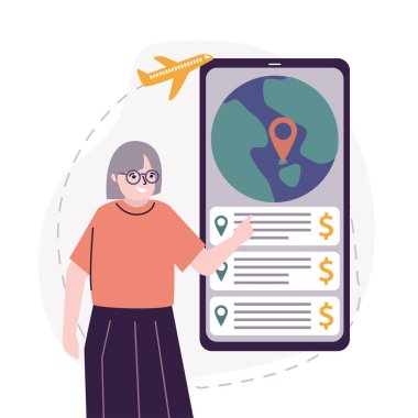 Telefon ekranında seyahat etmek için yaşlı bir kadın seçmiş. Gezici uygulamayla tatil için ülkeyi arayan yaşlı turistler. Yaşlılar için yaz tatili kavramı. Uçak seyahatleri. Vektör illüstrasyonu