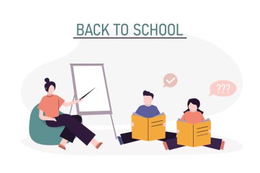 Okula dönelim. Kitap öğretmeni olan ön öğretim üyeleri. Öğrenci ders kitabı okuyor. Kurulun önünde, örnek bilgileri açıklayan kadın öğretmen. Eğitim, öğrenme konsepti. Düz Vektör illüstrasyonu