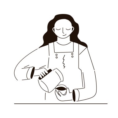 Dişi barista kapuçino hazırlar ve doldurur. Kahve zamanı ve paket servis konsepti. Kahve hazırlayan ve servis yapan bir kadın. Bir fincan sıcak içecek yapan kız. Lina sanat ve karalama. Vektör illüstrasyonu