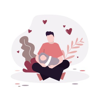 Yakışıklı adam yeni doğmuş bebekle oturuyor. Doğum ve babalığınız kutlu olsun. Çizgi filmdeki baba çiçekli çocukla oturuyor. Koca kucağında küçük bir çocuk. Doğal geçmişi olan genç bir aile. Vektör illüstrasyonu