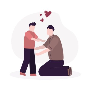 Baba şefkatli ve sevgi dolu oğul. Adam kıza sarılıyor. Baba çocuğuna bakar ve ona sarılır. Ebeveynlik kavramı ve babalık kavramı. Yaralandıktan sonra rahatlamak ya da başarını tebrik etmek. Düz vektör illüstrasyonu