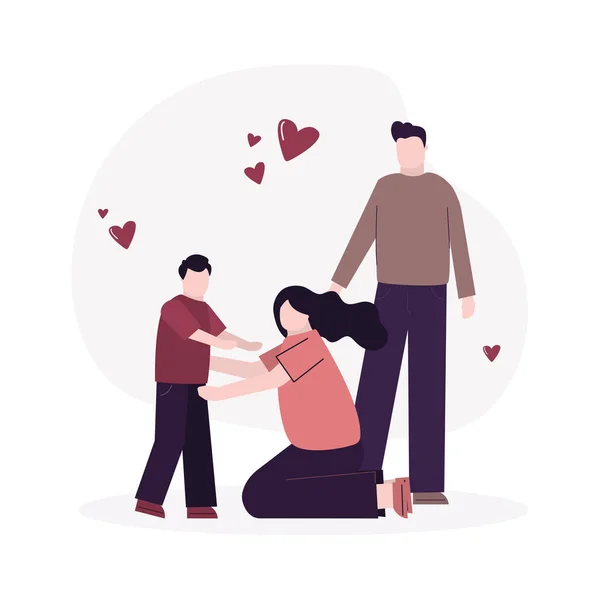 夫の世話をし 巨大な息子と若い妻 子供を抱く幸せな女性 漫画の母親と父親のケアと抱擁の子供 父母と愛の家庭の概念 トレンドベクトルイラスト — ストックベクタ