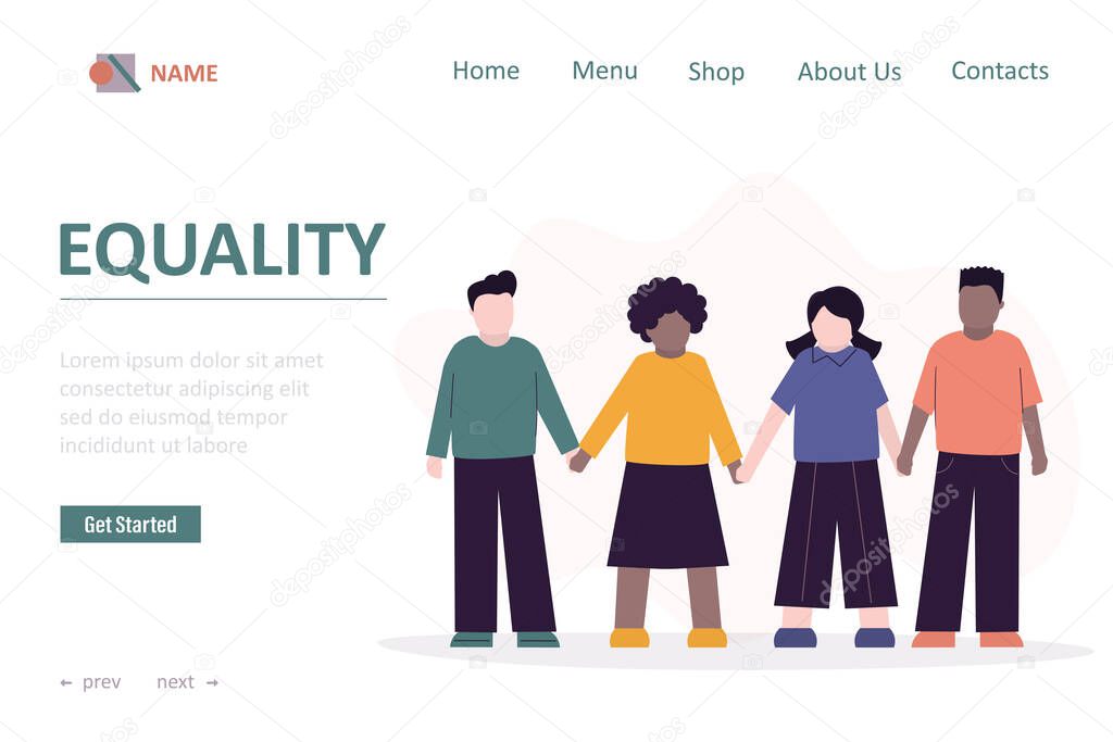 Equality, landing page template. Multiethnic kids standing hand by hands. Relationship, friendship concept. Equality beetwen races and genders. Boys and girls holding hands. Flat Vector illustration