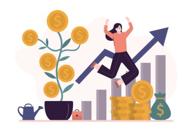 Para kazanmak, motivasyon bayrağı. Kazancı olan mutlu bir iş kadını. Altın sikkeli para ağacı, karlı büyüme grafiği. Başarılı bir yönetici ya da kadın tüccar atlayışında.