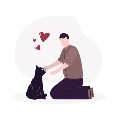 Yakışıklı, şefkatli ve sevgi dolu bir evcil hayvan. Çizgi filmci, sevimli kediyi kucaklıyor. Erkek karakter bakımı ve Kitty 'ye sarılma. Ev hayvanı ve hayvan bakımı konsepti