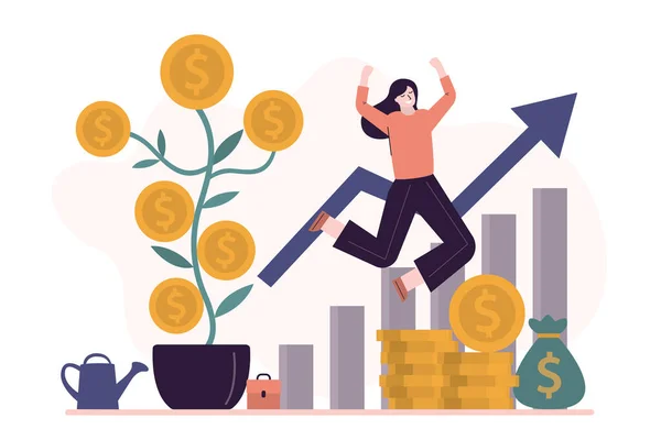 Para kazanmak, motivasyon bayrağı. Kazancı olan mutlu bir iş kadını. Altın sikkeli para ağacı, karlı büyüme grafiği. Başarılı bir yönetici ya da kadın tüccar atlayışında.