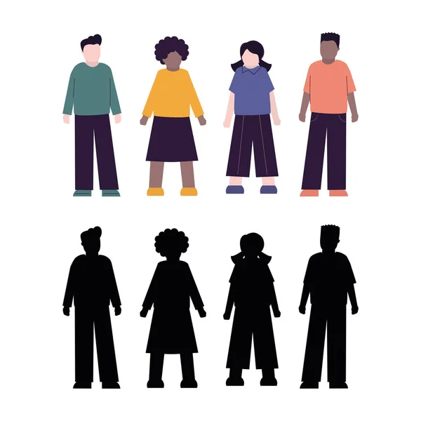 Happy multicolored kids standing. African American and Caucasian pupils on white background. Set of children with black silhouettes. — Stock Vector