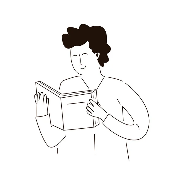 Homem bonito dos desenhos animados ler livro. Conceito de calma passar tempo livre e estilo de vida. A ler e a estudar. Personagem masculino ler papel livro didático — Vetor de Stock