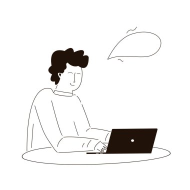 Male freelancer working at computer. Man sits at desktop and works. Concept of remote work and freelance. Home office. Cozy workplace and workspace clipart