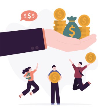 Maaş ve kar paylarının ödenmesi için para elinde. Patron maaş çekini ver. Maaş günü, kazanç. Altın sikkeleri olan bir grup mutlu yönetici. Çalışanlar maaş alıyorlar.
