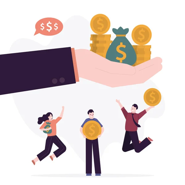 Hand holds money for payment of wages and dividends. Boss give paycheck. Payday, earnings. Group of happy managers with golden coins. Employees receive salary. — Stock Vector