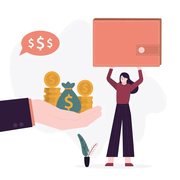 Boss hand holds money for payment of wages and dividends. Payday, earnings. Happy woman employee with empty wallet. Concept of shopping and cash payment. — Stock Vector