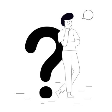 Erkek karakter soru işaretine dayanıyor. Soru sorma ve düşünme kavramı. Yakışıklı iş adamı kocaman bir tabela etrafında sorular soruyor. Çizgi, karalama ve el çizimi. Düz vektör illüstrasyonu