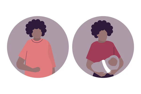 Conjunto Mujeres Afroamericanas Embarazadas Parto Hermosa Madre Negra Con Bebé — Vector de stock