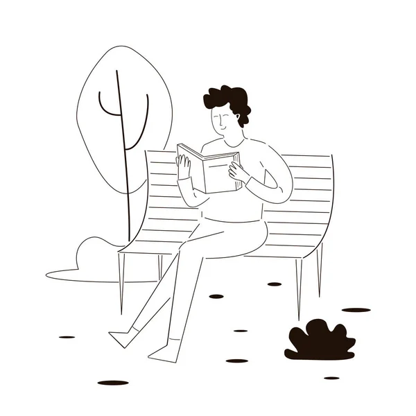 Homem Doodle Relaxado Sentado Lendo Livro Banco Conceito Calma Passar — Vetor de Stock