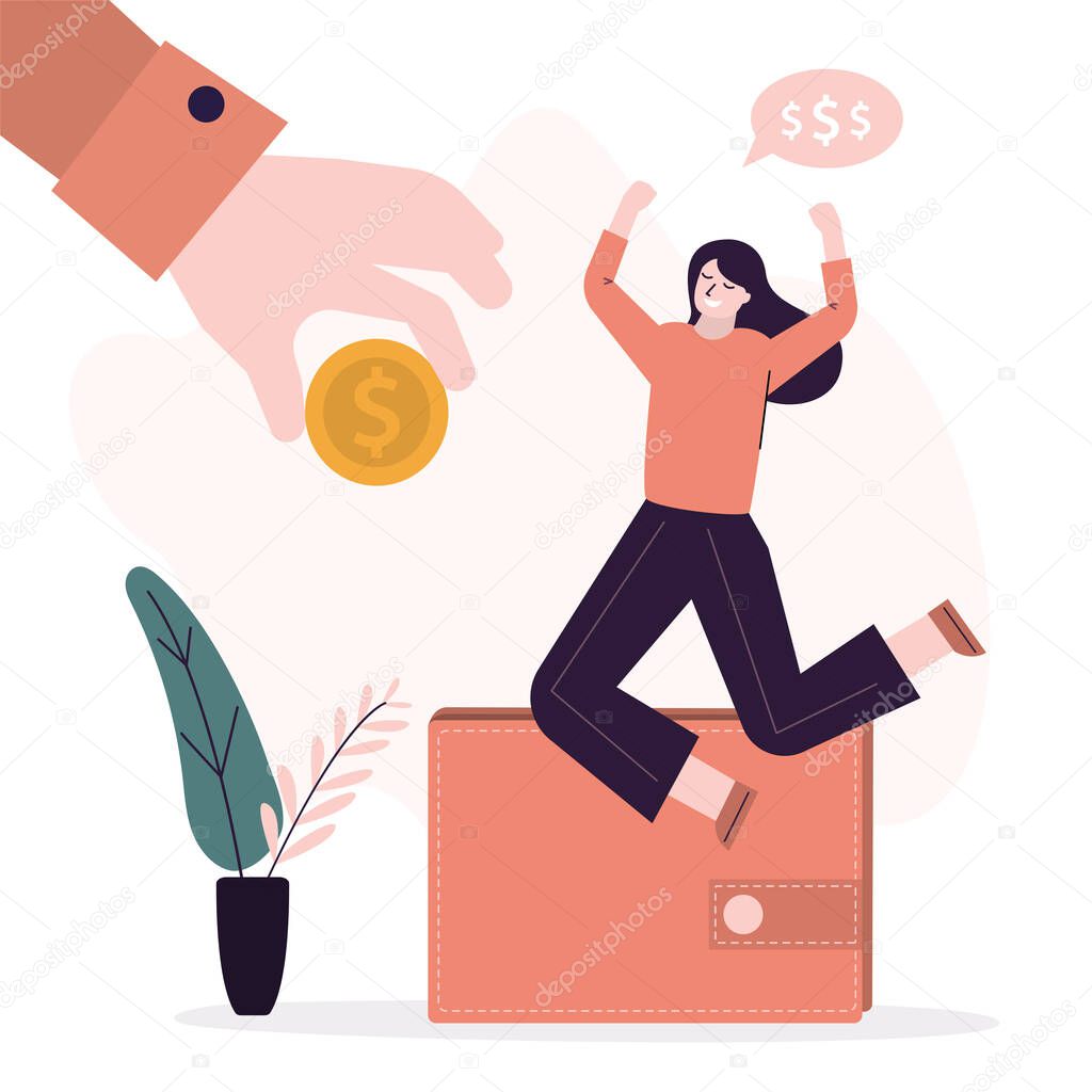 Joyful female worker in the jump. Receiving salary, earnings. Boss hand gives the woman employee a paycheck. Payday, concept. Office worker with empty wallet. Flat vector illustration