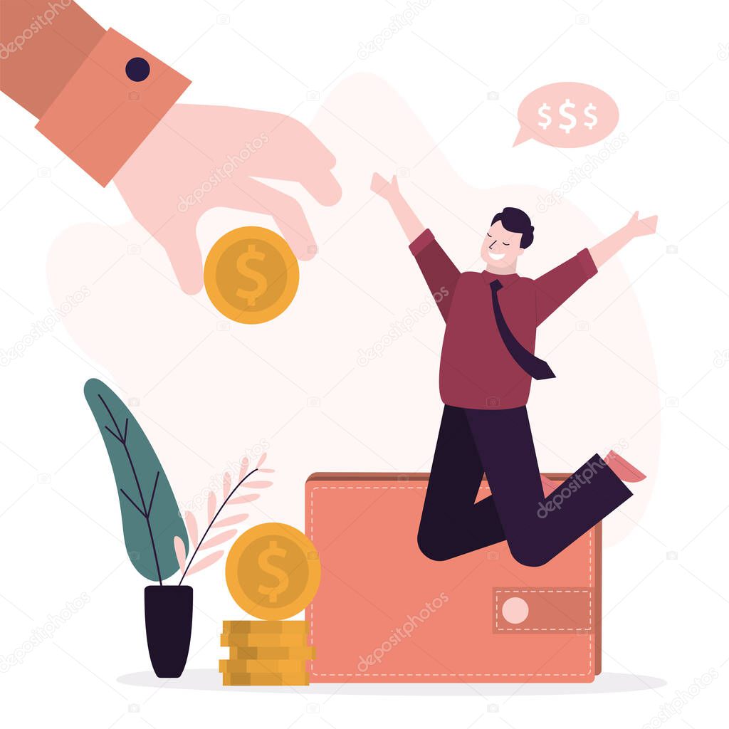 Joyful male worker in the jump. Receiving salary, earnings. Boss hand gives the employee a paycheck. Payday, concept. Office worker with empty wallet. Flat vector illustration