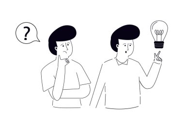 Erkek işçi yeni yaratıcı fikrin ortaya çıkmasını bekliyor. Yaratıcı fikir yükleme kavramı. Bir grup işadamı. Soruların cevaplarını ara. Çizgi, el çizimi ve karalama. Düz vektör illüstrasyonu