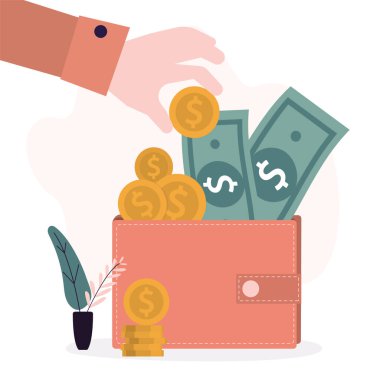 Maaş, kazanç. El, cüzdana altın sikkeler koyar. Maaş günü, depozito. Ödeme temettüleri, mali yönetim. Ekonomi, konsept. Düz vektör illüstrasyonu