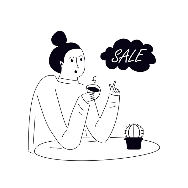 Přemýšlející Promotérka Oznamuje Prodej Cartoon Woman Messaging Discount Levné Nakupování — Stockový vektor