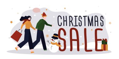 Mutlu insanlar Noel 'de indirim için yarışıyorlar. Tatil ve Noel için satış kavramı. Çizgi film ailesi hediye alıyor. Yeni yıl alışverişi. Kış tatili ve boks günü. Düz vektör illüstrasyonu