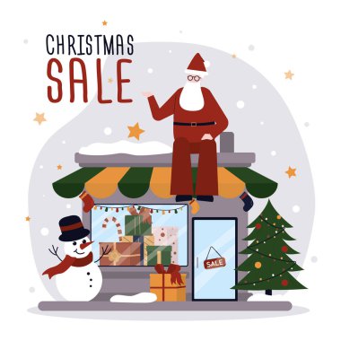 Mutlu Noel Baba pazar yerinin çatısında oturuyor ve Noel için indirimler yapıyor. Tatil indirimi tanıtımı konsepti. Alışveriş, hediye almak ve Noel için marketten hediye almak. Vektör illüstrasyonu