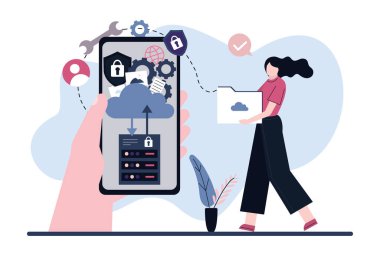 Çizgi filmdeki kadın bulut deposuna yüklemek için dosya taşıyor. Uygulamalı el ele tutuşan telefon. Bulut hesaplama ve ağ hizmetleri. Sahne servisine ev sahipliği yapıyor. Veri saklama ve işleme. Vektör illüstrasyonu