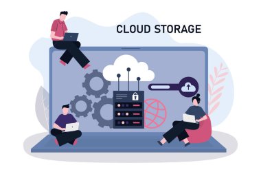 Dizüstü bilgisayardaki çizgi film insanları dosyaları bulut deposuna aktarıyor. Ortaklar ağ hizmetlerine belge yüklüyor. Bulut hesaplama. Sahne servisine ev sahipliği yapıyor. Veri saklama ve işleme. Düz vektör illüstrasyonu
