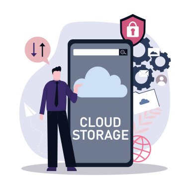 Telefonun önündeki adam dosyaları bulut deposuna yüklemeyi teklif ediyor. Sahne servisine ev sahipliği yapıyor. Veri saklama ve işleme. Bilgisayar ve ağ hizmetleri. Veri tabanı uygulamalı akıllı telefon. Vektör illüstrasyonu