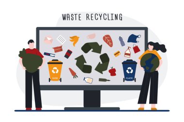 Çizgi filmciler bilgisayar ekranının önünde dururlar. İnsanlık akıllı atık ayrıştırma ve geri dönüşüm için çağrıda bulunuyor. Atık geri dönüşüm işareti. Ekolojinin korunması ve kurtarılması. Düz vektör illüstrasyonu
