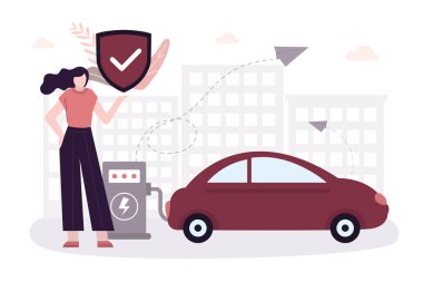 Çevre taşımacılığı. Koruyucu kalkan tutan kadın. Şarj istasyonunda elektrikli araba şarj ediliyor. Elektrikli gelecekteki ulaşım e-hareketi. Gelişme ve çevre bakımı. Düz vektör illüstrasyonu