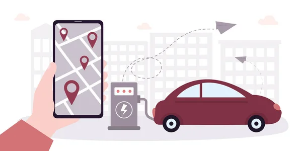 Çevre taşımacılığı. El ele tutuşan cep telefonu şarjlı eko araba için nokta bulma başvurusu. Elektrikli araç istasyonda şarj oluyor. Elektrikli gelecekteki ulaşım e-hareketi. Vektör illüstrasyonu