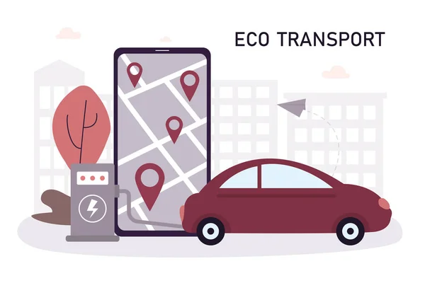 Transport Ekologiczny Kreskówkowy Telefon Komórkowy Aplikacją Znalezienia Punktów Samochód Ekologiczny — Wektor stockowy