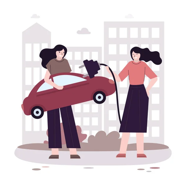 Tecknade Kvinnor Tar Ekotransporter Glada Flickor Laddar Elektrifierad Framtida Transport — Stock vektor