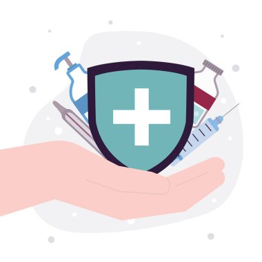 Erkek el kalkanı. Sağlık ve sağlık sigortası koruması. Çizgi filmdeki gibi kalkanı çapraz tut. Sağlık sigortası konsepti. - İlaç servisi. Sağlık ve destek. Düz vektör illüstrasyonu